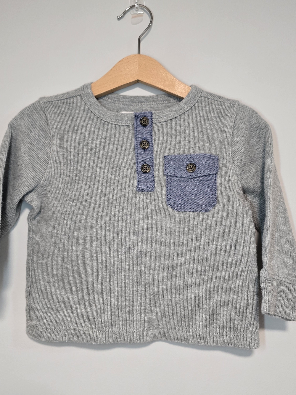 Old Navy Gray Long Sleeve Henley with Blue Contrast Pocket Toddler Fall Style.